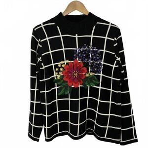Vintage Marisa Christina Black White Checkered Sweater with Floral Embroidery, M